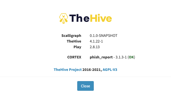 TheHive About modal showing a successful connection to a Cortex server named phish_report
