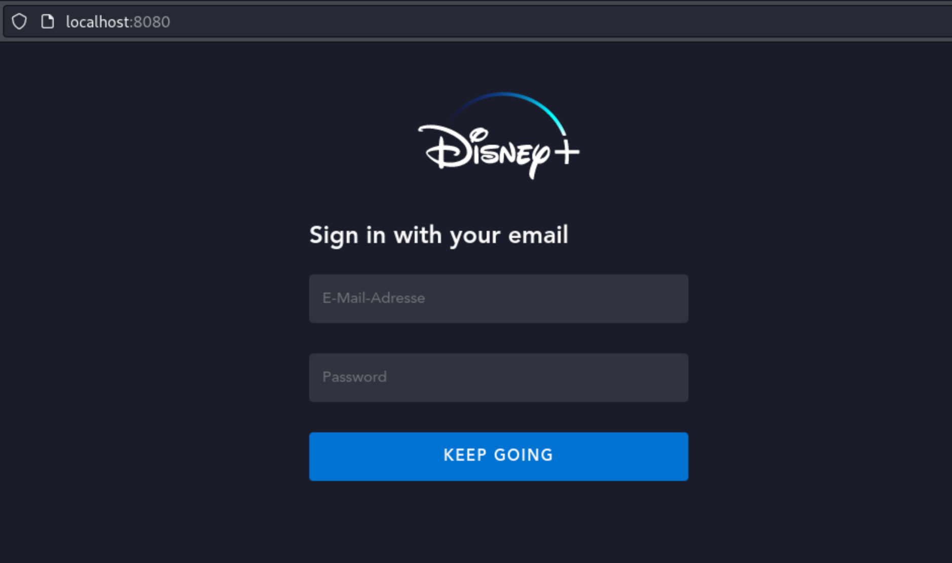 The first page in the phishing flow, asking for the victims Disney+ username and password.