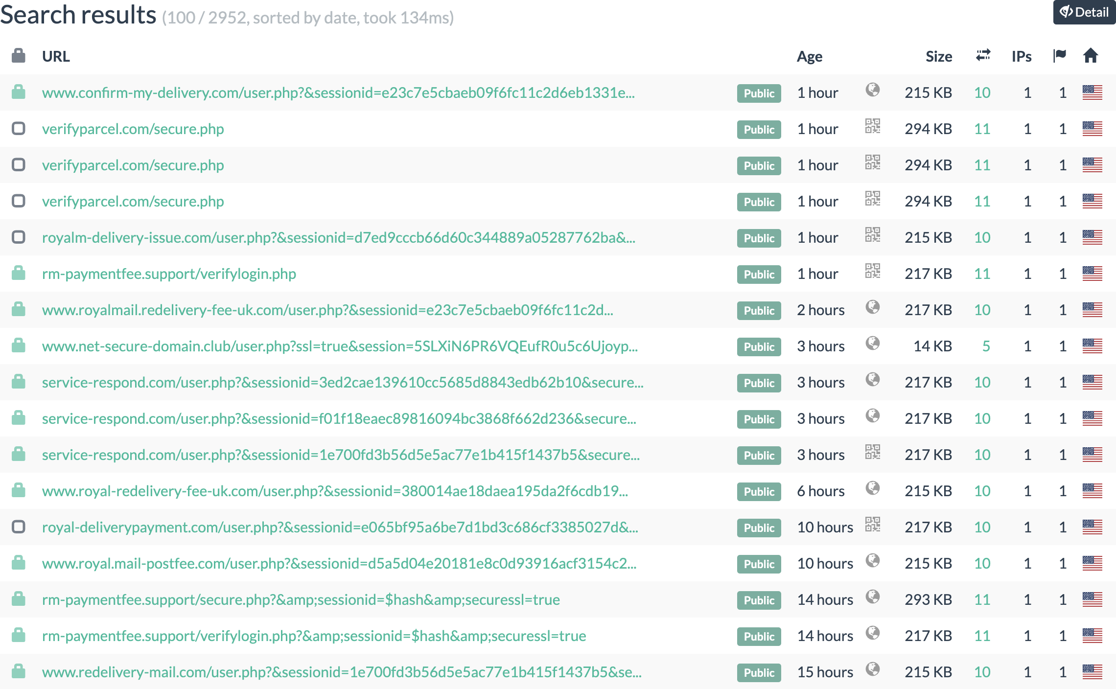 A screenshot of a large number of results from urlscan.io of phishing sites which include this same CSS filename.