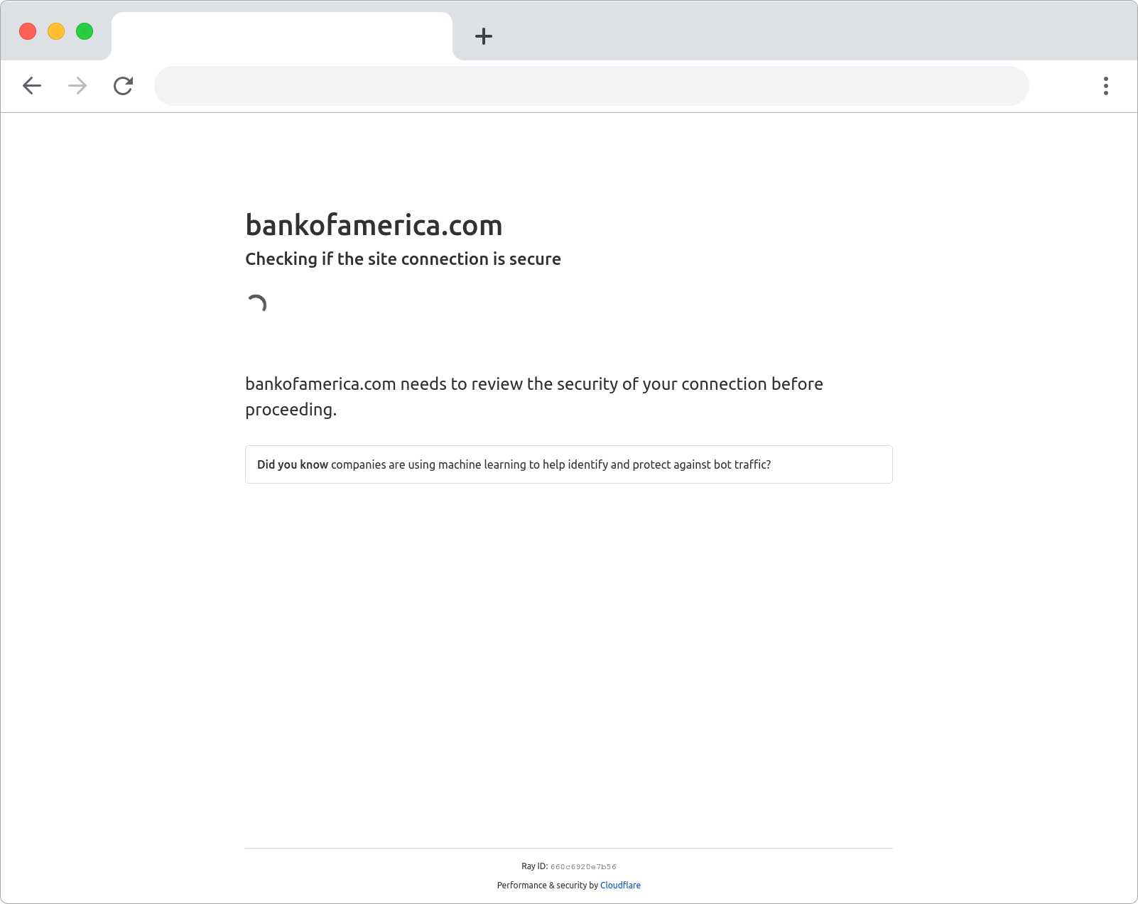 Fake Cloudflare page pretending to be Bank of America. Although this is hosted on a lookalike domain, the text on the page says that you are visiting bankofamerica.com